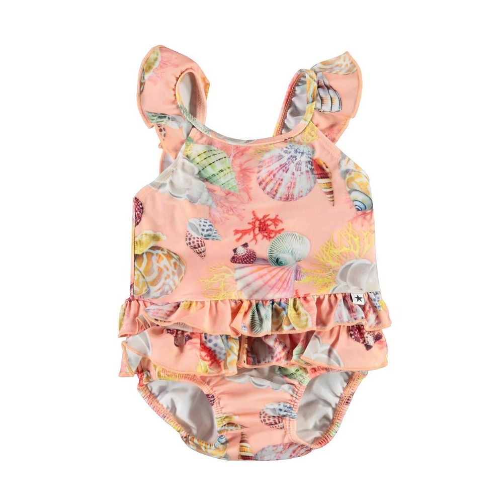 Molo Baby Girl Nakia Sea Treasure One Piece Swimsuit Orange Seashell Ruffle 3-6M